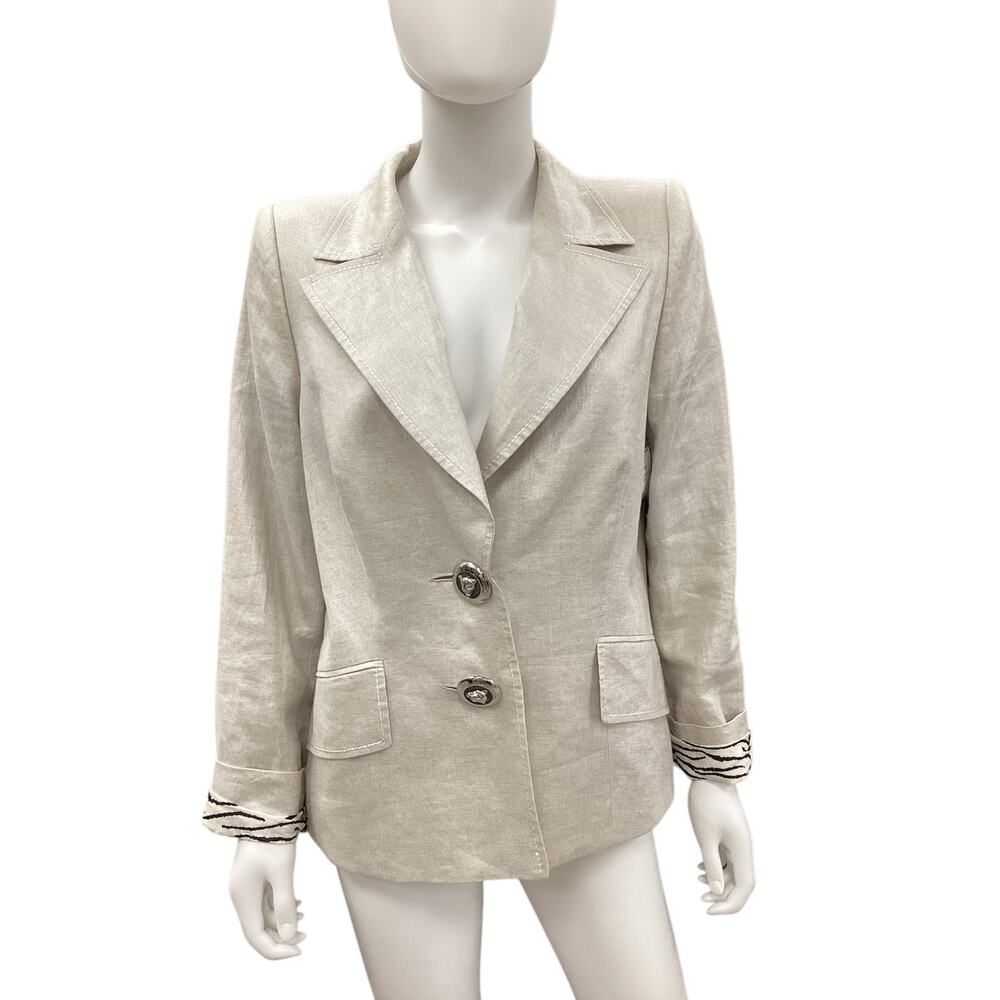 Escada Blazer Womens SZ12 100% Linen Animal Print LiningAmazing Wild Cat Buttons
